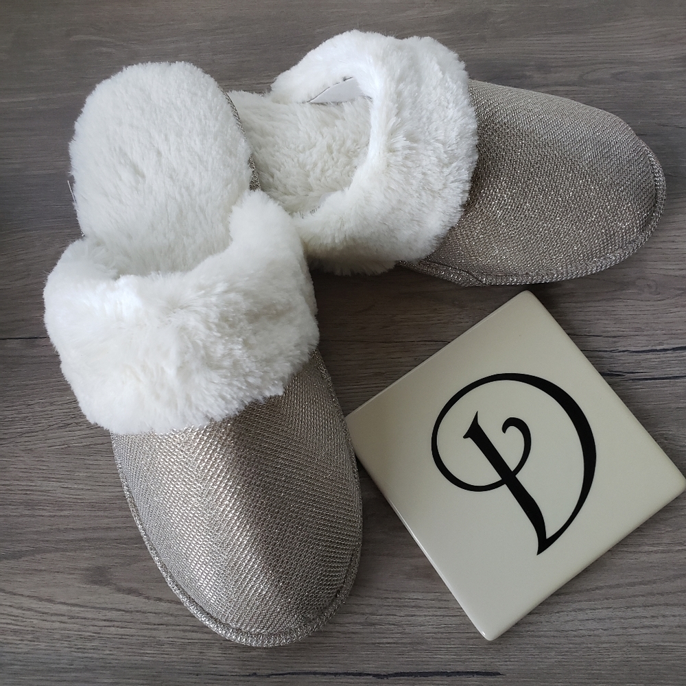 INC Faux Fur Lined Slippers Women's Size 11-12 Champagne Metallic Trend NWT